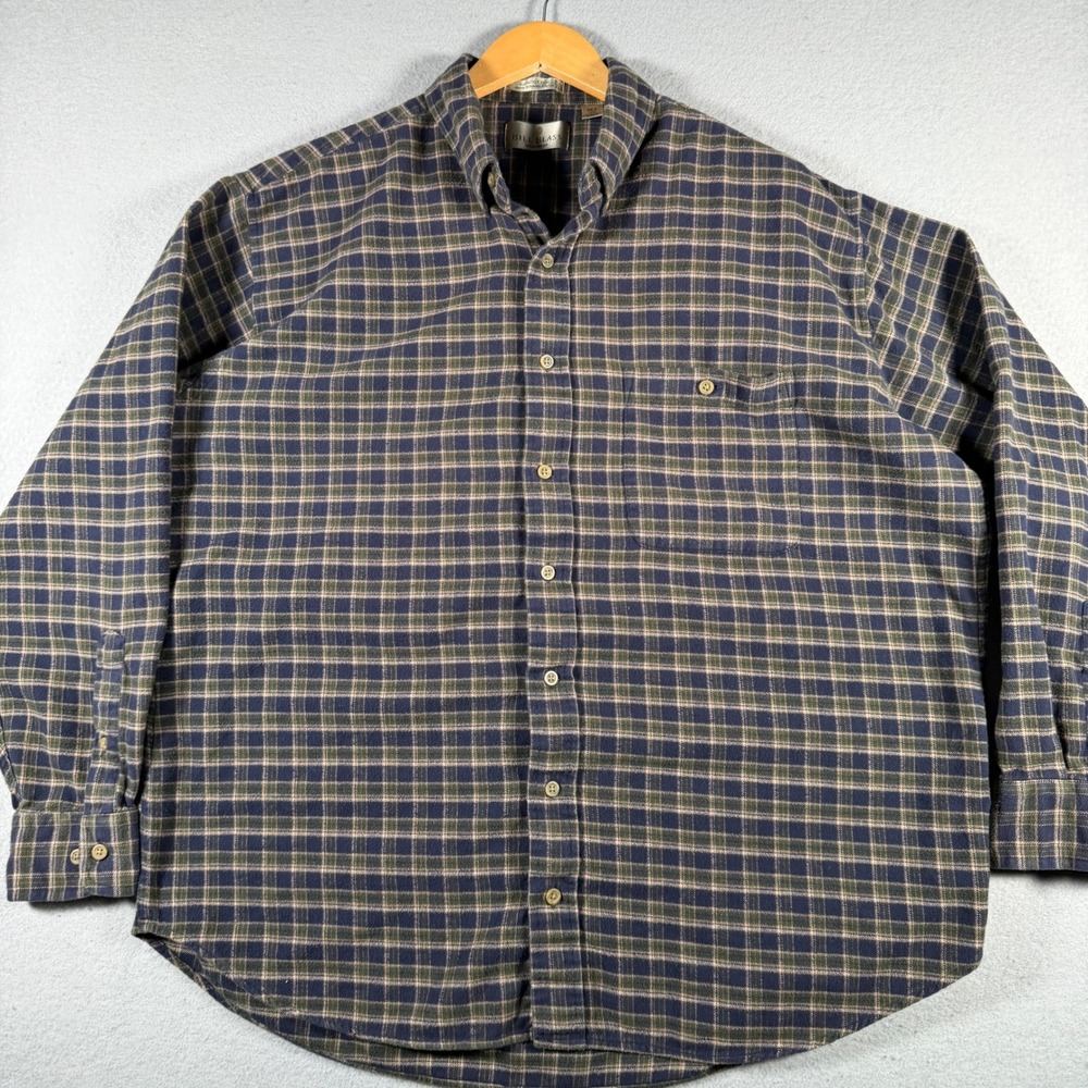 Bill Blass Menswear Plaid Flannel Shirt XL Tall Navy Blue Green Cotton Button Up